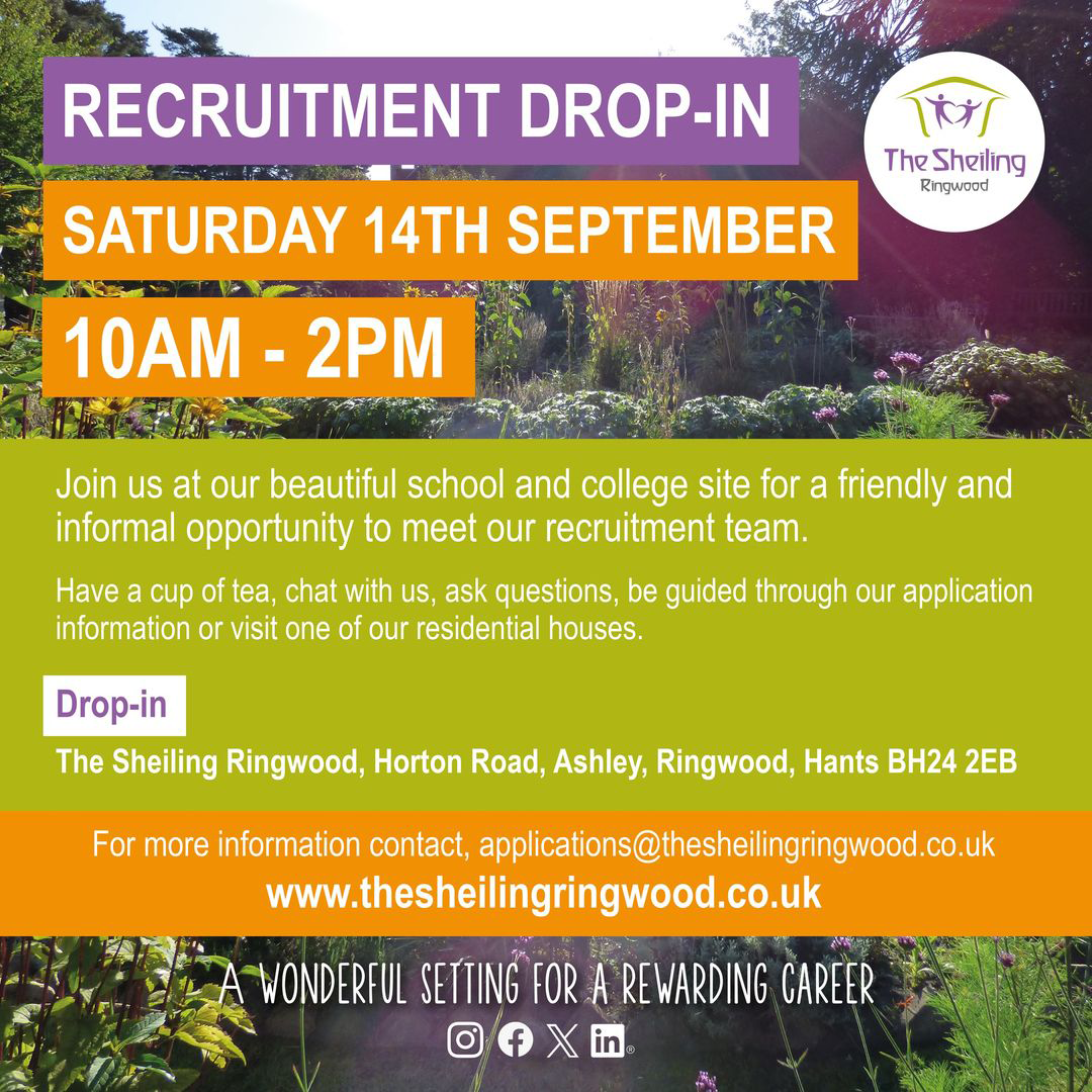 📣 Recruitment drop-in Saturday 14th September, 10am-2pm. Join us at our beautiful school and college site for a friendly and informal opportunity to meet our recruitment team. Have a cup of tea, chat with us, ask questions, be guided through our application information and visit one of our residential houses. The Sheiling Ringwood, Horton Road, Ashley, Ringwood BH24 2EB.  what3words:  https://w3w.co/declines.dusters.tractor For more information please contact, applications@thesheilingringwood.co.uk or visit thesheilingringwood.co.uk/recruitment 